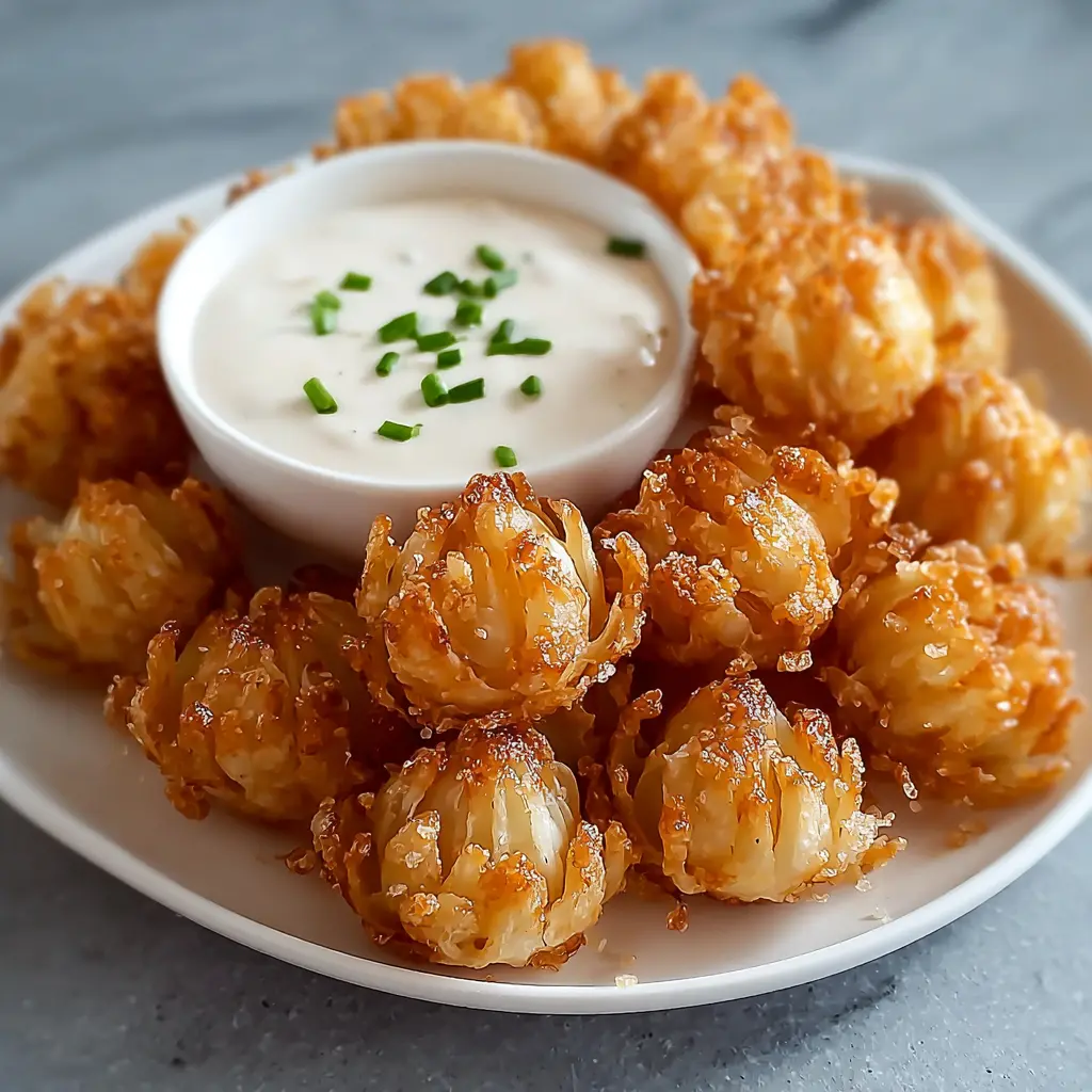 Bite-Sized Blooming Onions with Buttermilk Ranch Dip recipe